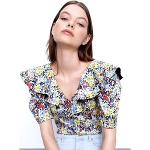 🌸 Zara Floral Poplin Ruffle Bodysuit V-Neck Puff‎ Sleeve Feminine Cottagecore L
